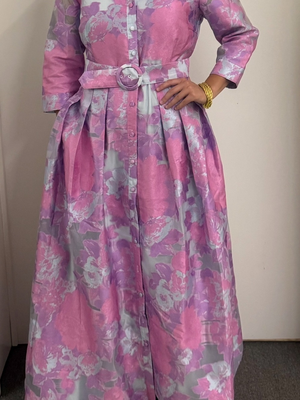 Floral Pink Button-Front Belted Wedding Dress